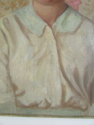 VTG 1930 ' s WPA Oil Painting Portrait of Brunette Woman on Wallpaper 3