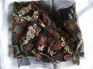 Antique/vintage Embroidered Net Lace Panel Chenille Metallic Beadwork 2