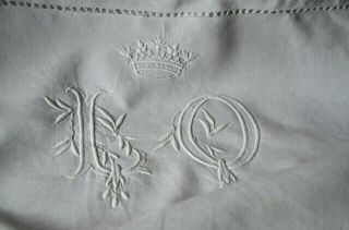 Antique French Pure Linen Fil Pillow Case Embroidered Count Coronet Lo Monogram