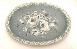 Oval Blue And White Vintage Painted Tray 14.  5 " X 11.  5 " Rose Design