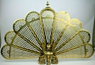 Vintage Brass Peacock Fanstyle Fireplace Screen Ornate Gargoyles Foldable