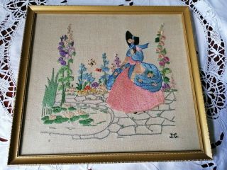 Vintage Crinoline Lady Framed Hand Embroidered Picture Panel