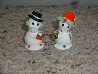 Vintage Miniature Bone China Snowman Christmas Candle Holder Pair