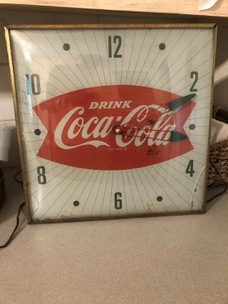 Vintage Coca Cola Soda Pam Fishtail Lighted Early Advertising Clock Sign Aged