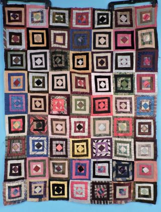 Victorian 19th C Silk Crazy Quilt Top W Great Calico Backing