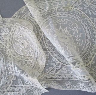 2 Antique Creamy French Normandy Lace 16 " Centerpiece Mats W Embroidered Flowers