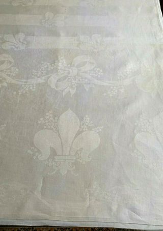 Antique Linen Damask Tablecloth 107x67 " W Fleur De Lys,  Ferns Bands,  V Good
