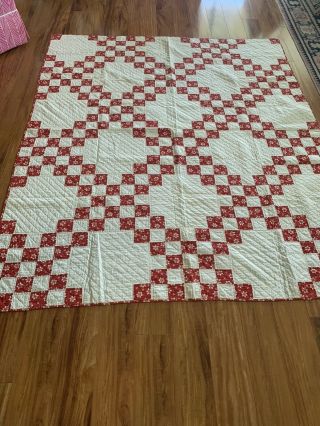 Antique Hand Stitched Red White 74 X 62 In Quilt