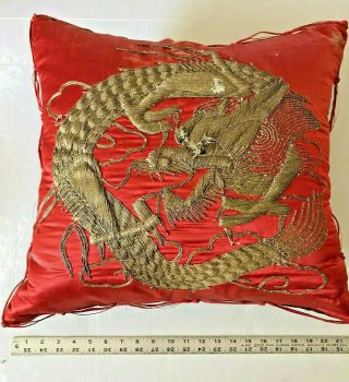 18 " Large Antique Chinese Gold Metallic Hand Embroidery Dragon Figure In Pillow