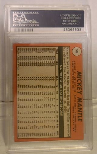 1969 Topps Mickey Mantle 500 York Yankees Baseball Card PSA VG - 3 2
