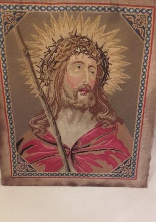 Antique 19thc Berlin Woolwork Needlework Picture Of Jesus Christ / Embroidery