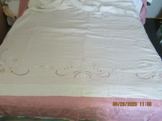 Vintage French White Linen Embroidery Cut Work Bed Sheet 84x98 "