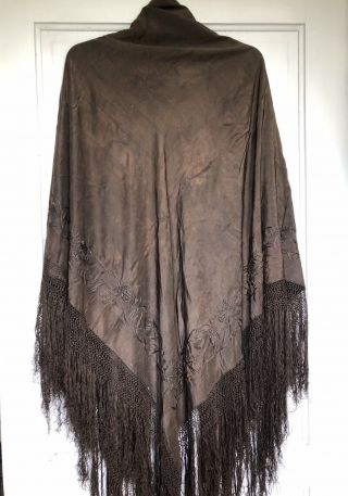 1800s Antique Brown Silk Embroidered Shawl With Knotted Fringe To Wear Or Piano