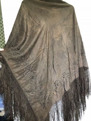 1800s Antique Brown Silk Embroidered Shawl With Knotted Fringe To Wear Or Piano 2