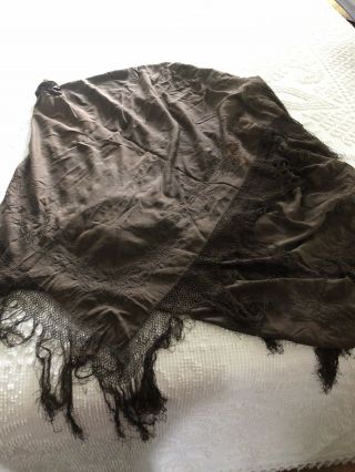 1800s Antique Brown Silk Embroidered Shawl With Knotted Fringe To Wear Or Piano 3