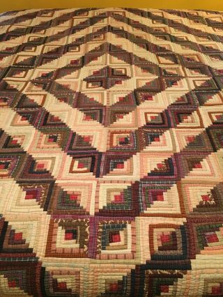 Vintage Hand Stitched Calico Log Cabin Quilt 84 " X 94 "