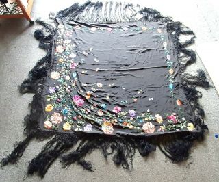 Vintage Black Piano Scarf,  Shawl With Colorful Embroidered Flowers Long Tassels