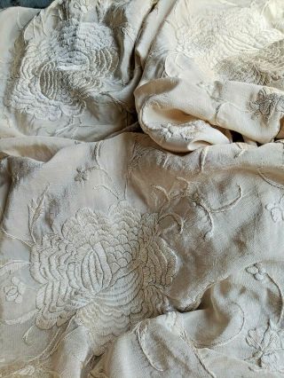Antique Chinese Hand Embroidered Ivory On Ivory Silk Vintage Piano Shawl 50 X 50