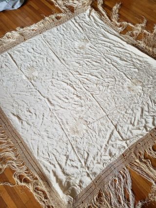 Antique Chinese Hand Embroidered Ivory on Ivory Silk Vintage Piano Shawl 50 X 50 2