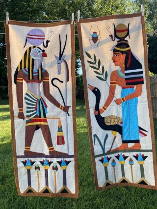 Pair Antique Egyptian Hand Made Applique Wall Hanging Tapestries Horus & Hathor