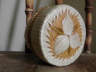 Vintage Hand Crafted North American Native Birch Bark Covered Quill Basket