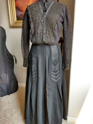 Antique Women Dress Outfit Skirt Blouse Black Cotton Lace Tulle Silk Ribbon Tass