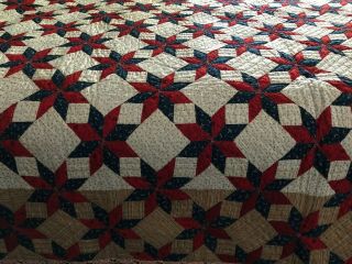 Antique Hand Pieced & Quilted Red Blue Star Full Quilt