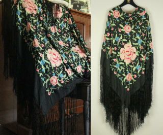 Vtg Victorian Black Floral Embroidered Silk Piano Scarf Shawl Table Cloth 80 "