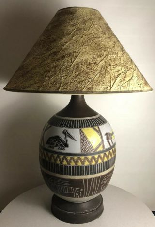 Vintage Mid Century Modern Brutalist Tribal Native Petroglyph Ceramic Table Lamp