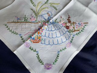 Vintage Crinoline Lady Hand Embroidered White Irish Linen Table Cloth