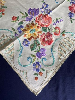 Vintage Floral Heavily Hand Embroidered Cream Cotton Square Tablecloth