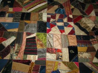 Crazy Quilt Top Pieced Silk Embroidery With Designs Victorian As Found Antique