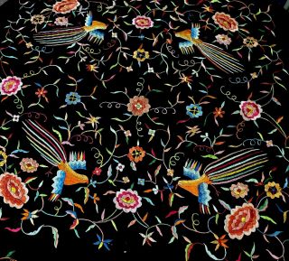 Antique Vintage Black Silk Bright Embroidered Piano Shawl Scarf Vibrant Colors
