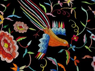 Antique Vintage Black Silk Bright Embroidered Piano Shawl Scarf Vibrant Colors 3