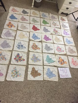 (40) Vtg Feed Sack Quilt Blocks Multi Color Butterflies 10” X 10” Hand Sewn