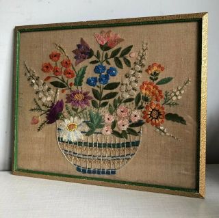Vintage Hand Embroidered Framed Glazed Picture Vase Of Summer Flowers On Linen