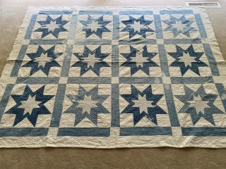 Antique Blue And White Star Cutter Quilt.  1800s