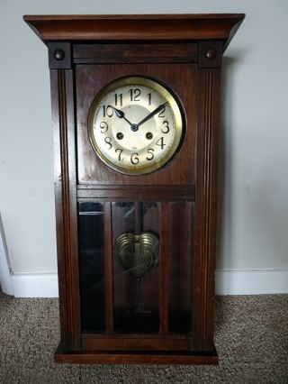 Antique Early 20th Century Oak Wall Clock With Ornate Shaped Brass Pendulum Time