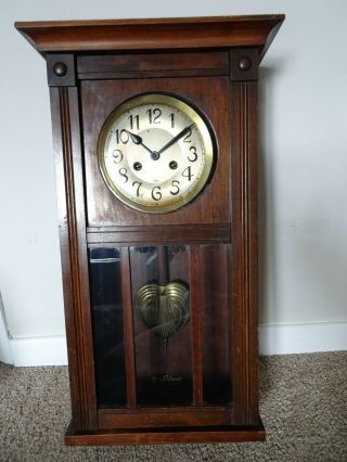 Antique Early 20th Century Oak Wall Clock with Ornate Shaped Brass Pendulum Time 2