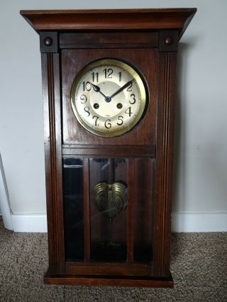 Antique Early 20th Century Oak Wall Clock with Ornate Shaped Brass Pendulum Time 3
