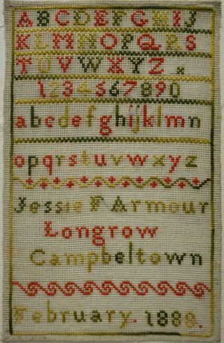 Small Late 19th Century Scottish Alphabet Sampler By Jessie.  F.  Armour - 1888
