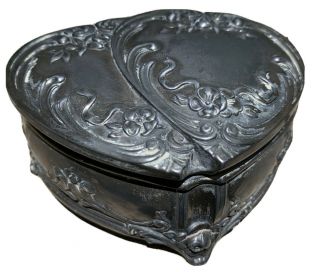 Antique Art Nouveau Victorian Silvertone Footed Jewelry Trinket Box Hearts