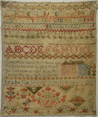 Early/mid 19th Century House,  Motif & Verse Sampler By Isabella Irving - 1835