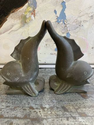Antique Vintage Bronze Brass Koi Fish Bookends Sculptures Nautical Decor