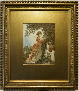 Small Late 19th Century Silk Work Of A Girl With Her Pet Spaniel - C.  1890 - 1900