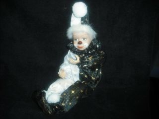 Vintage Collectible Porcelain Pierrot Clown Jester Doll Wire Frame Moon Stars