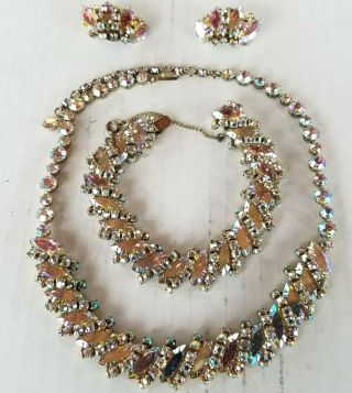 Vtg Set Signed Sherman Aurora Borealis Necklace Bracelet And Earrings