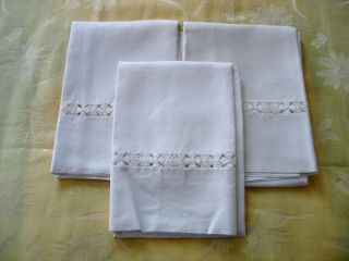 Antique Vintage Linen Set Of 3 Pillowcases With Lace Cut Work