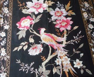 Vintage Retro French Chinoiserie Floral Bird Cotton Fabric Black Magenta Pink