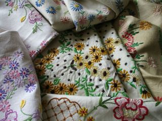 Bundle Of 5 Vintage Hand Embroidered Tablecloths - Pretty Floral 